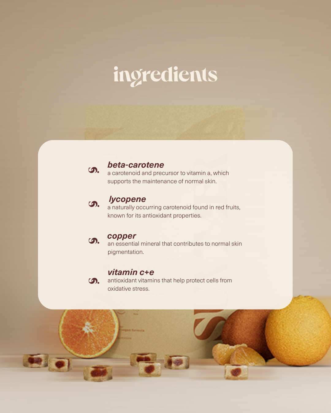 Ingredients card for summer gummies, listing beta-carotene, lycopene, copper and vitamins C and E