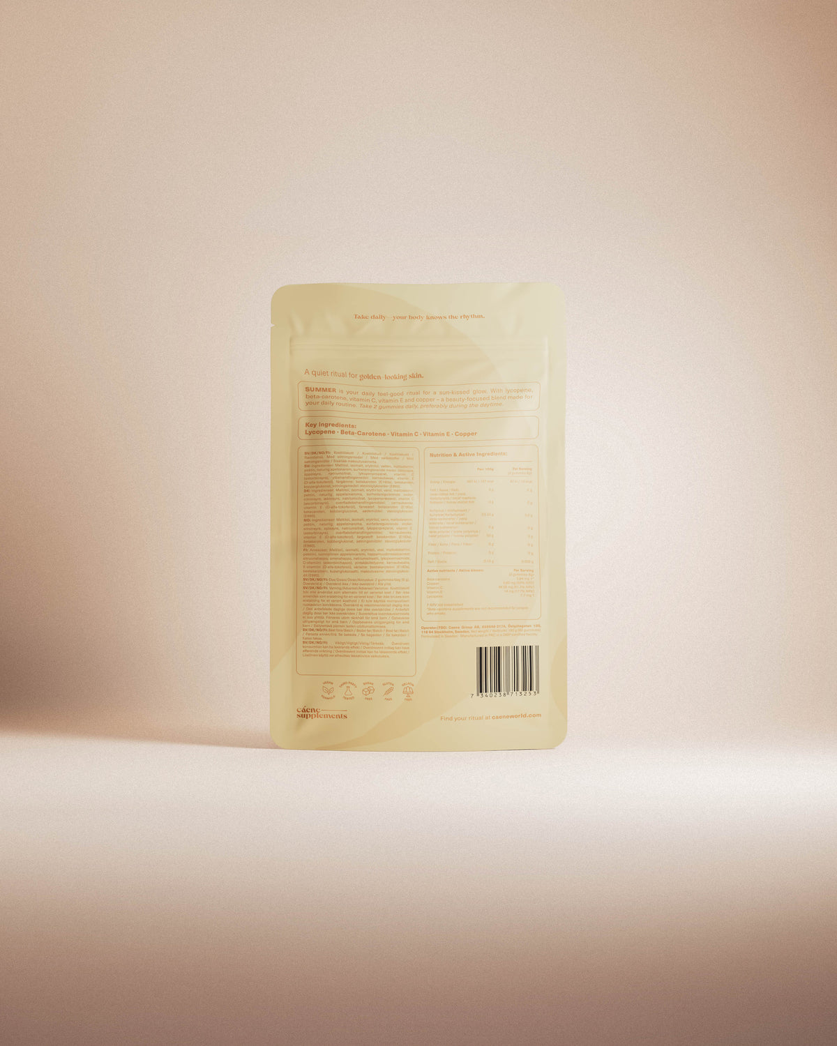 Back of the summer gummies pouch, showing the label and barcode